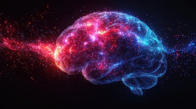 Abstract representation of a glowing brain made of vibrant particles and cosmic elements, symbolizing creativity, intelligence, and the vast potential of human thought and imagination.