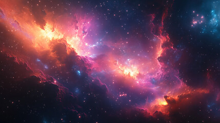 Vibrant cosmic nebula illuminated by swirling clouds of gas and dust in the vastness of space amid countless stars. Generative AI