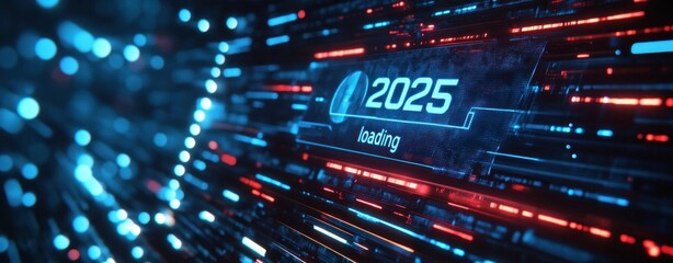 Futuristic digital artwork depicting 2025 loading, featuring neon lights and dynamic elements symbolizing the transition to the new year