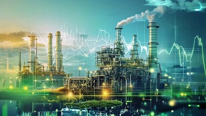 A modern industrial plant emits vapor under a digital data overlay, reflecting future technology amid a sunrise.