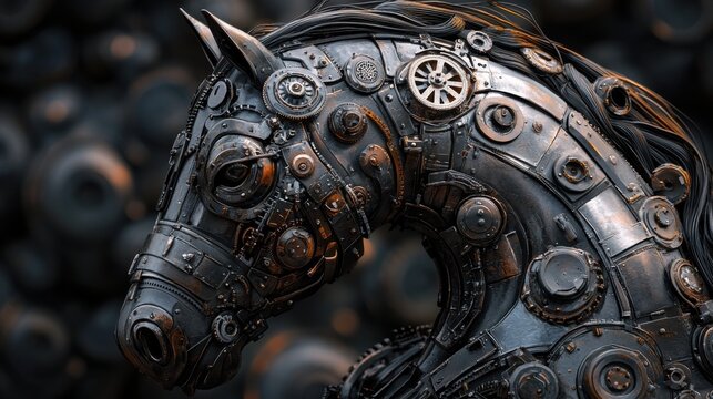 Metallic horse sculpture made of gears