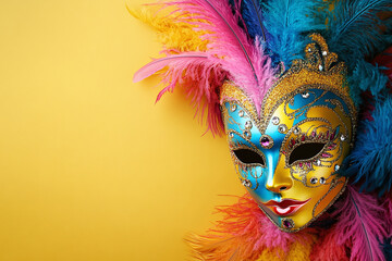 Festive carnival masks with feathers and gems, space for text.