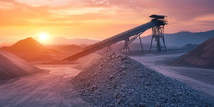 Belt conveyor efficiently transports crushed stone to storage during a stunning sunset, showcasing the functionality of the belt conveyor in aggregate handling and storage processes.