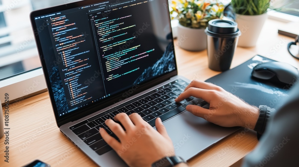 Aufkleber a person types on a laptop with code displayed on the screen, while sitting at a desk with a cup of 