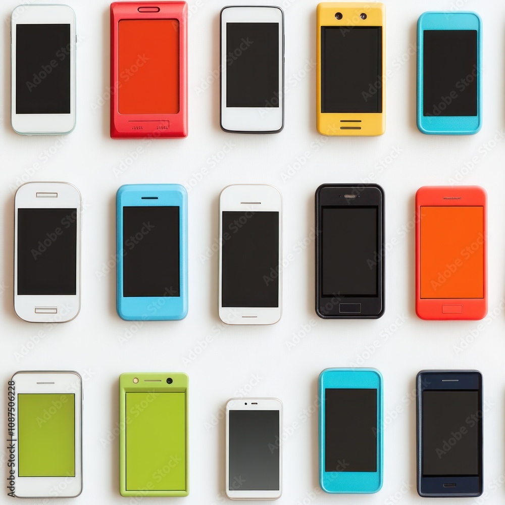 Poster a collection of colorful mobile phones arranged in a grid pattern.