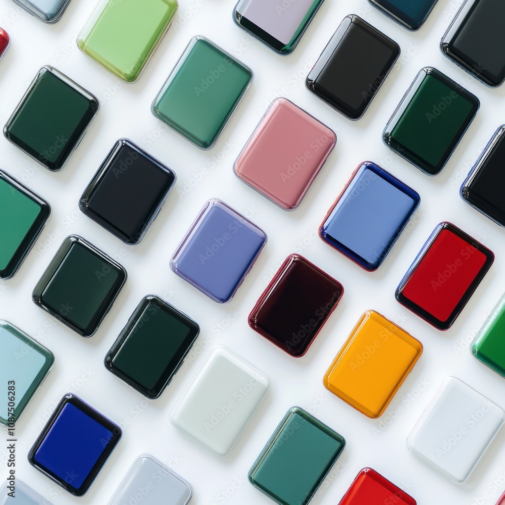 Poster an array of colorful rectangular objects arranged neatly on a surface.