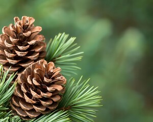 Fototapeta premium Fresh pine cones with young green needles, natural macro shot, forest beginnings