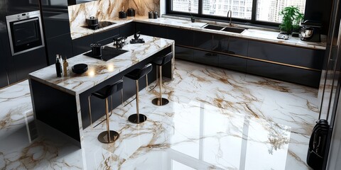Natural stone marble background featuring a luxurious kitchen floor and worktop counter, ideal for enhancing interior designs with elegant natural stone marble elements.