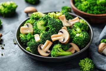 Tumis brokoli jamur. Mushroom broccoli stir fry is a dish consisting of broccoli, tofu and mushrooms, cooked by sauteing. Served on a plate. Selective focus