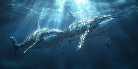 Fototapeta premium Two shark whales gracefully swim in opposite directions, showcasing their impressive size and unique movements, highlighting the beauty of these magnificent shark whales in the ocean.