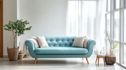 sofa in spacious room against blank white wall with copy space Scandinavian interior design of modern living room