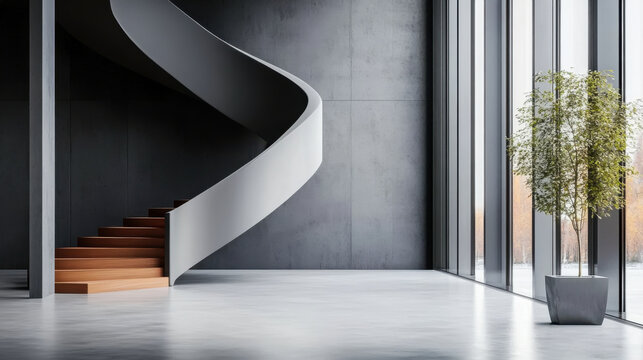 Modern interior featuring a curved staircase, large windows