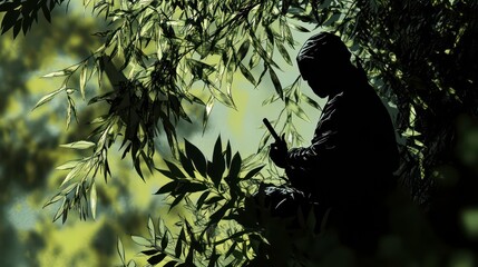 A scene of a ninja blending into the natural environment, camouflaged by leaves and shadows as they observe their target from a distance