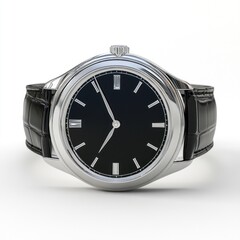 A sleek black watch with a silver case and leather strap, designed for elegance and style.