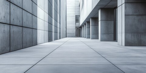 Fototapeta premium Gray concrete slab alleys create a unique urban atmosphere. These gray concrete slabs form pathways that lead through intriguing spaces, showcasing the beauty of gray concrete design in architecture.