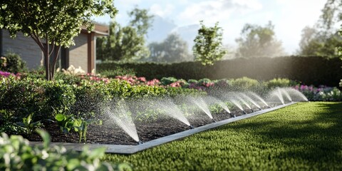 Naklejka premium Efficient automatic garden irrigation system designed for optimal lawn watering. This innovative irrigation system includes adjustable heads to save water while maintaining healthy gardens and lawns.