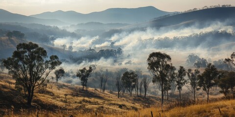 A smoke filled valley scene showcases the effects of bushfires in the region, illustrating the impact of bushfires on the landscape and air quality in surrounding areas.