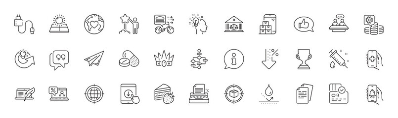 Naklejka premium Feedback, Bell alert and Idea line icons. Pack of Card, Employees talk, Medical syringe icon. Scroll down, Cake, Share idea pictogram. Online loan, Quote bubble, Making money. Line icons. Vector