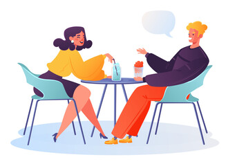 Friends, or people on first date in cafe. Woman laughs at jokes or stories of man. Concept of meeting, getting to know or having good time, interpersonal relationships or service in establishments.