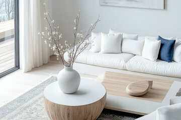 top view living room cream white blue natural light minimal style