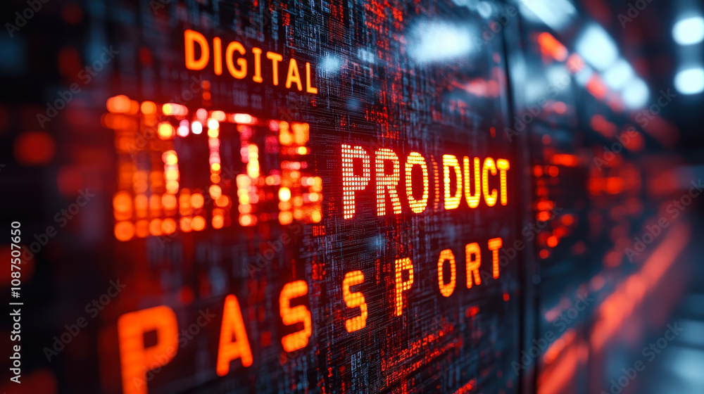 Poster binary code streams forming digital product passport with tech elements