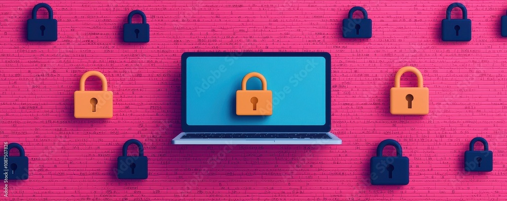 Poster a colorful illustration of a laptop displaying a padlock, surrounded by smaller padlocks, symbolizin