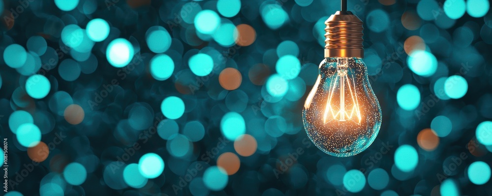Poster a glowing light bulb hangs against a backdrop of shimmering blue bokeh, creating a warm and inviting