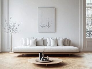 White sofa wooden parquet and Minimalist, scandinavian home interior design of modern living room