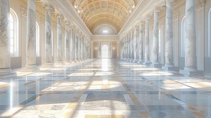 Fototapeta premium Grand Marble Hall with Sunlight Streaming Through Tall Windows and Ornate Columns in a Historic Building