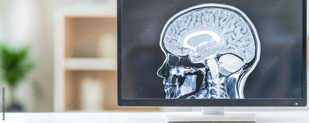 Poster a digital display shows a detailed brain scan, highlighting anatomical features, emphasizing neurosc