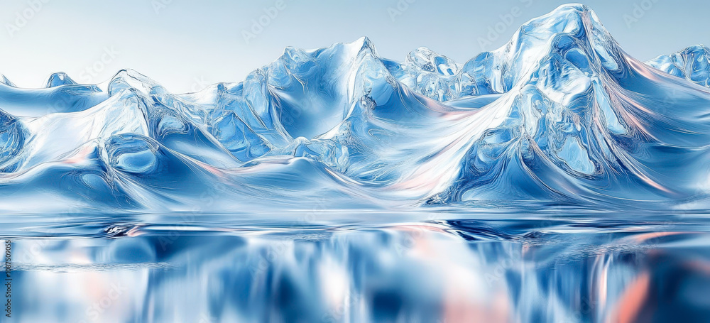 Poster reflective ice patterns with cool colors and sharp angles creating dynamic frozen landscape