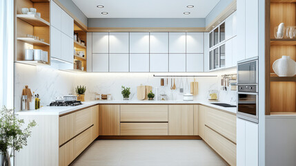 kitchen in a modern style with a lot of cabinets