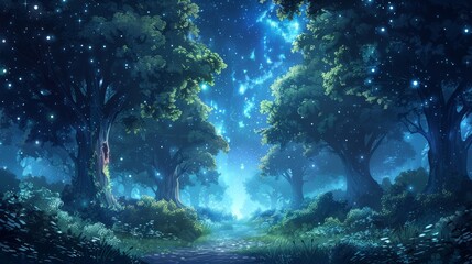 Enchanting Night Forest with Glowing Stars and Mystical Atmosphere Under a Starry Sky