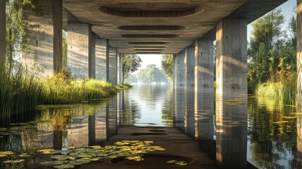 Serene Waterway Under Concrete Bridge with Lush Greenery and Reflections in Tranquil Morning Light