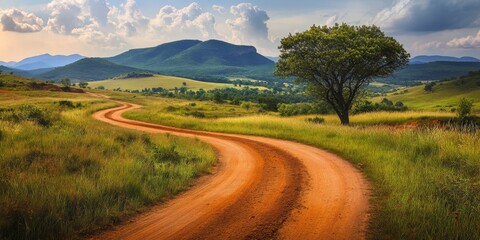 Fototapeta premium dirt road winding through a serene landscape, showcasing the beauty of a dirt road as it meanders, perfect for capturing peaceful moments along a dirt road.