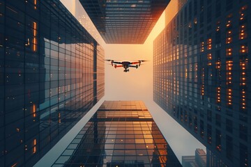 drone quadcopter flies performing tasks following the route among skyscrapers city