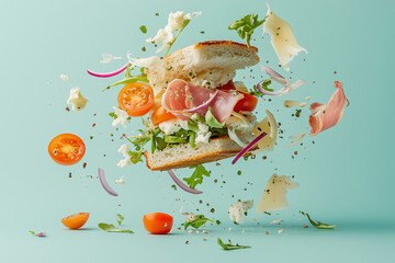 A deconstructed panini sandwich with ingredients like ham, arugula, tomato, red onion, and mozzarella floating in mid-air