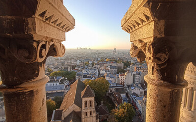 A panoramic view of Paris, France with La Défense District from the dome of the Sacre Coeur Basilica