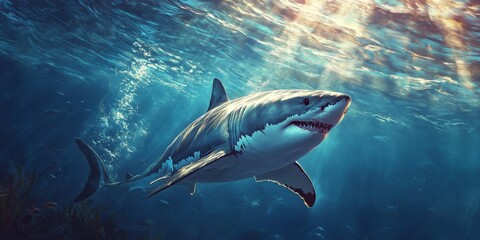 Fototapeta premium A captivating image of a beautiful wild great white shark swimming gracefully underwater, showcasing the majesty and power of this incredible great white shark species in its natural habitat.