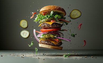 A deconstructed burger with beef patty, pickles, lettuce, tomato, red onion, and cheddar cheese floating mid-air 