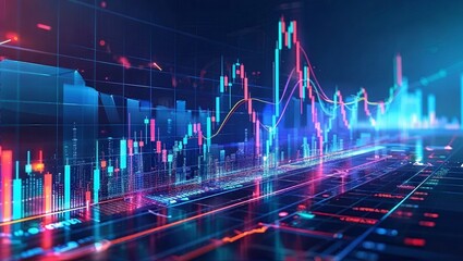 A vibrant digital visualization showcasing stock market trends with abstract neon graphs and economic data.