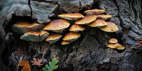 Mushrooms grow abundantly on a decaying tree, showcasing the beauty of nature s mushrooms as they thrive in their natural habitat among the textured bark and surrounding foliage.