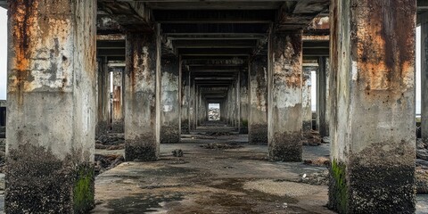 Abandoned wharves feature concrete pillars that have been weathered over time, showcasing the beauty of decay and nature s reclaiming of abandoned structures like these wharves and pillars.
