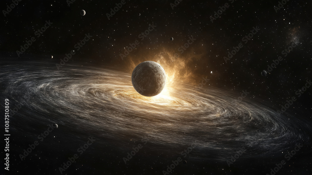 Poster cosmic event featuring a celestial body surrounded by swirling galaxies and stars in deep space. gen