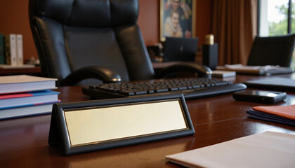 Elegant office desk with nameplate and computer setup, professional atmosphere, modern workspace, copy space