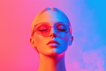 Retrato feminino com óculos de sol em iluminação neon nas cores rosa e azul, estilo futurista e conceitual, criado por IA generativa.