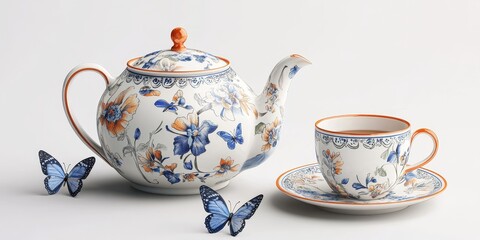 Elegant mock up design set featuring a traditional teapot alongside a colorful white and blue coffee cup and tea cup. The tea pot and cups are adorned with floral and butterfly patterns.