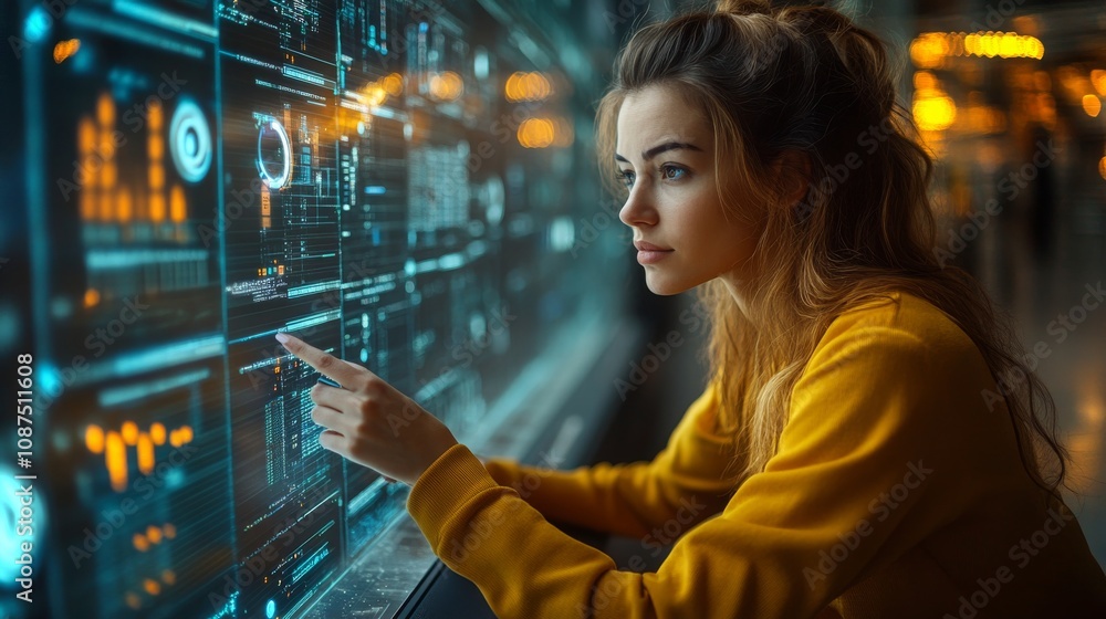Poster a female engineer interacts with complex data displays in a modern workspace during the day