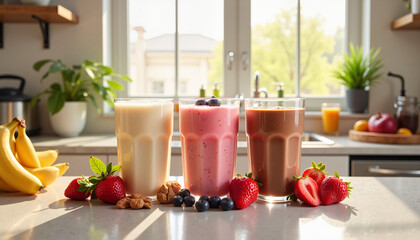 Three colorful smoothies with fruits and nuts on kitchen counter, bright natural light, healthy lifestyle, copy space