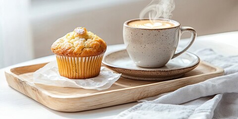 Early morning light illuminating a muffin and a steaming coffee, rustic ceramic plates and cozy textures, tranquil and heartwarming morning feel